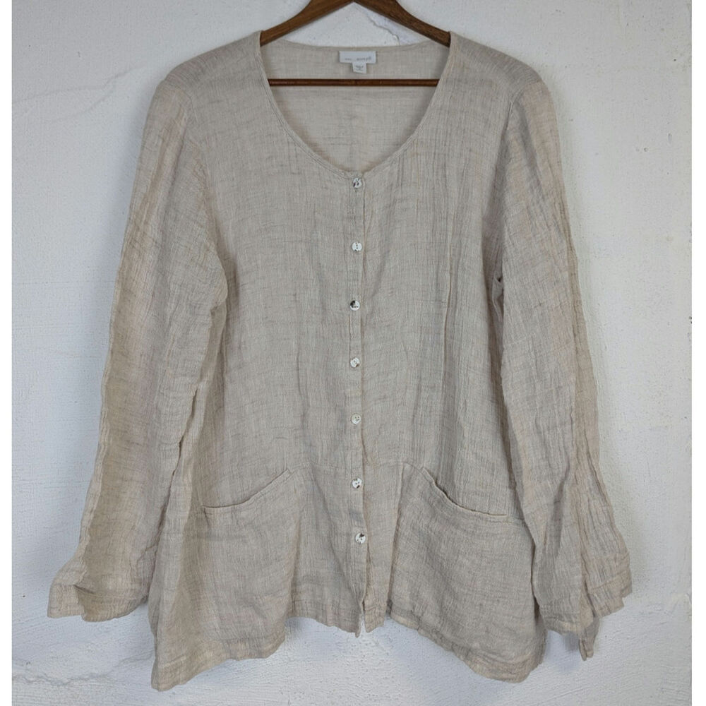 Pure Jill Linen Shirt Oversized Button Front Natural Beige Lagenlook Medium Pet